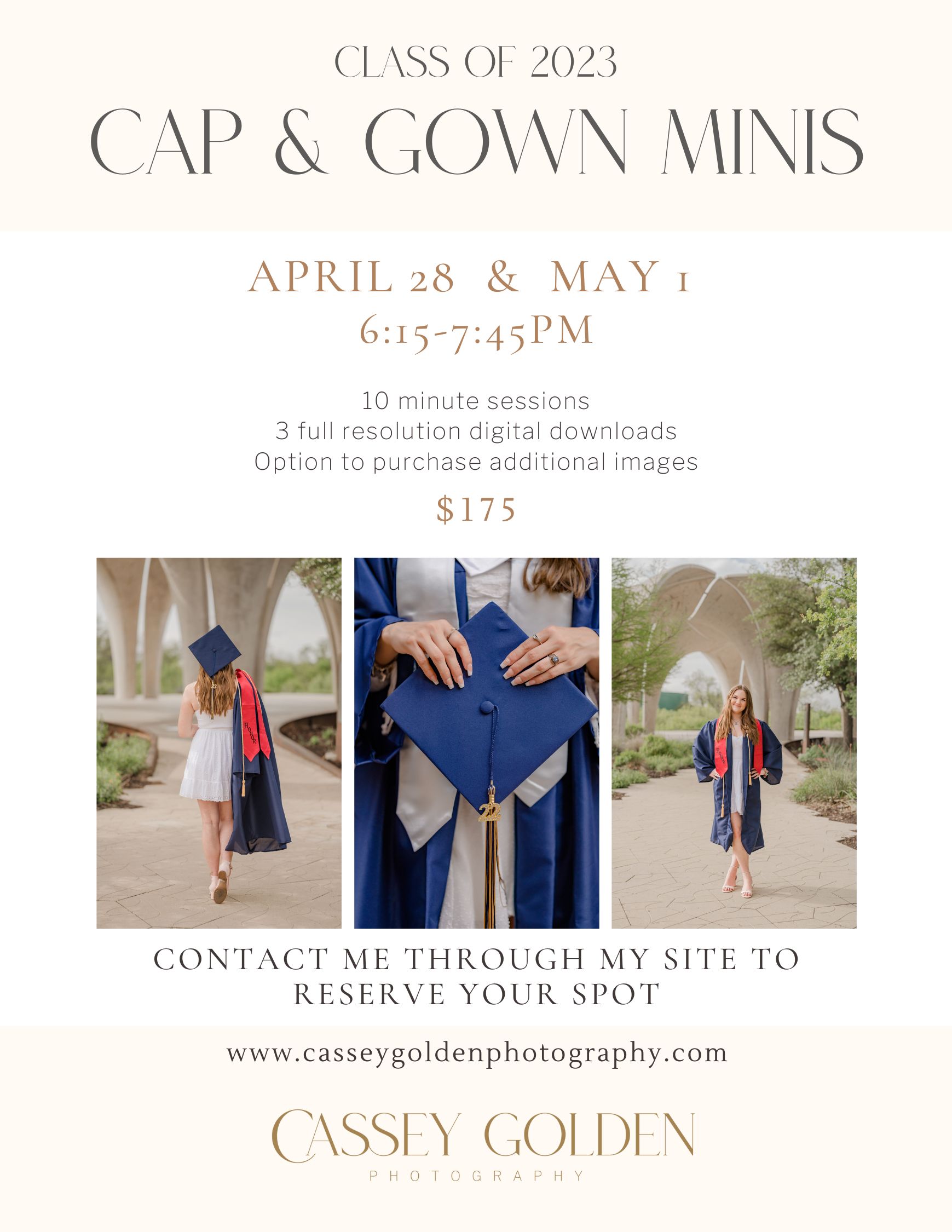 Flyer for 2023 San Antonio Cap and Gown Mini Sessions by Cassey Golden Photography.