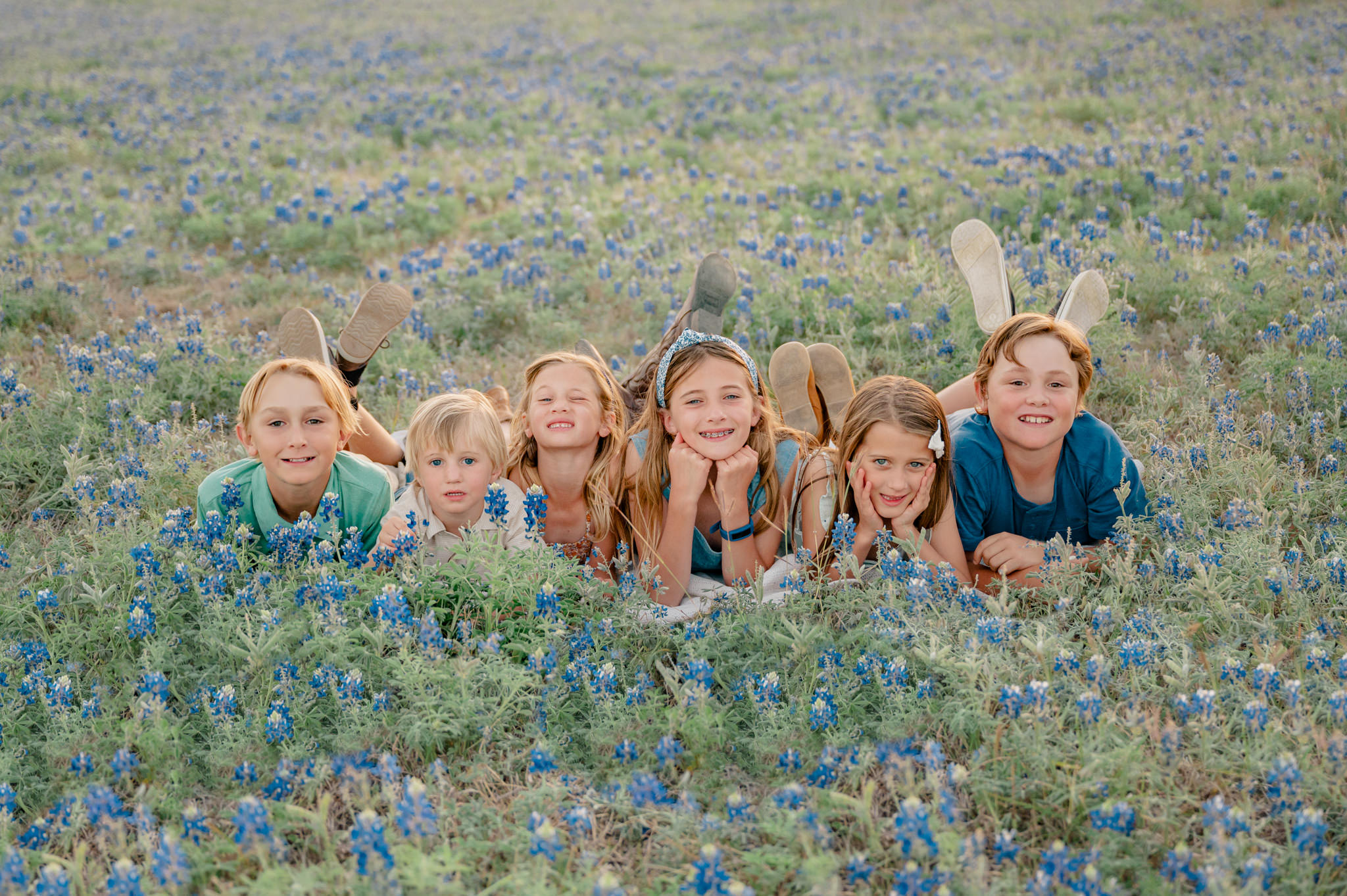 Six siblings in a summer field.