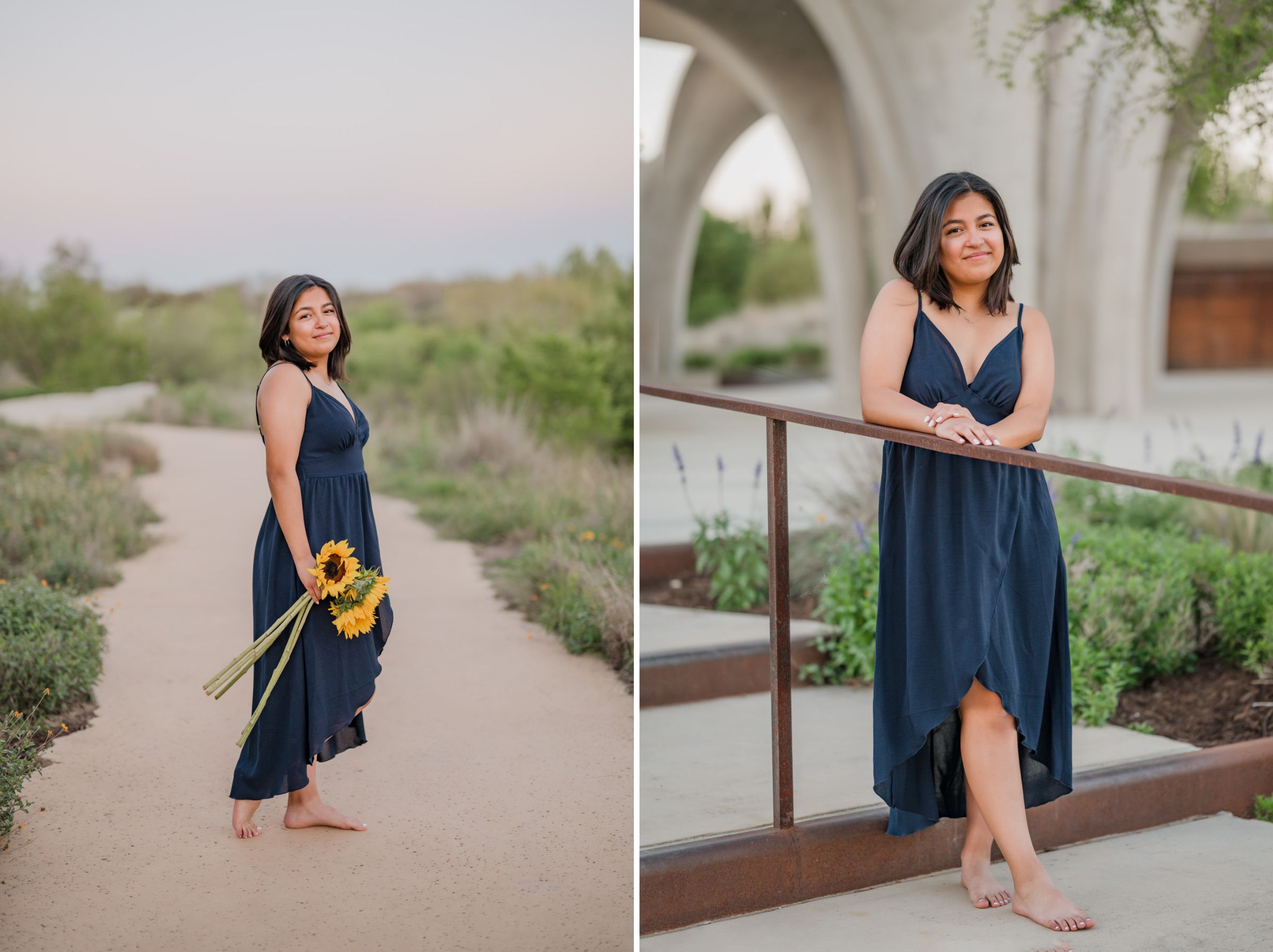 Side by side senior pictures of a girl in a blue dress at San Antonio's Confluence Park. She stands along the walking path and holds sunflowers in the first one and leans along the stair railing in the second one.