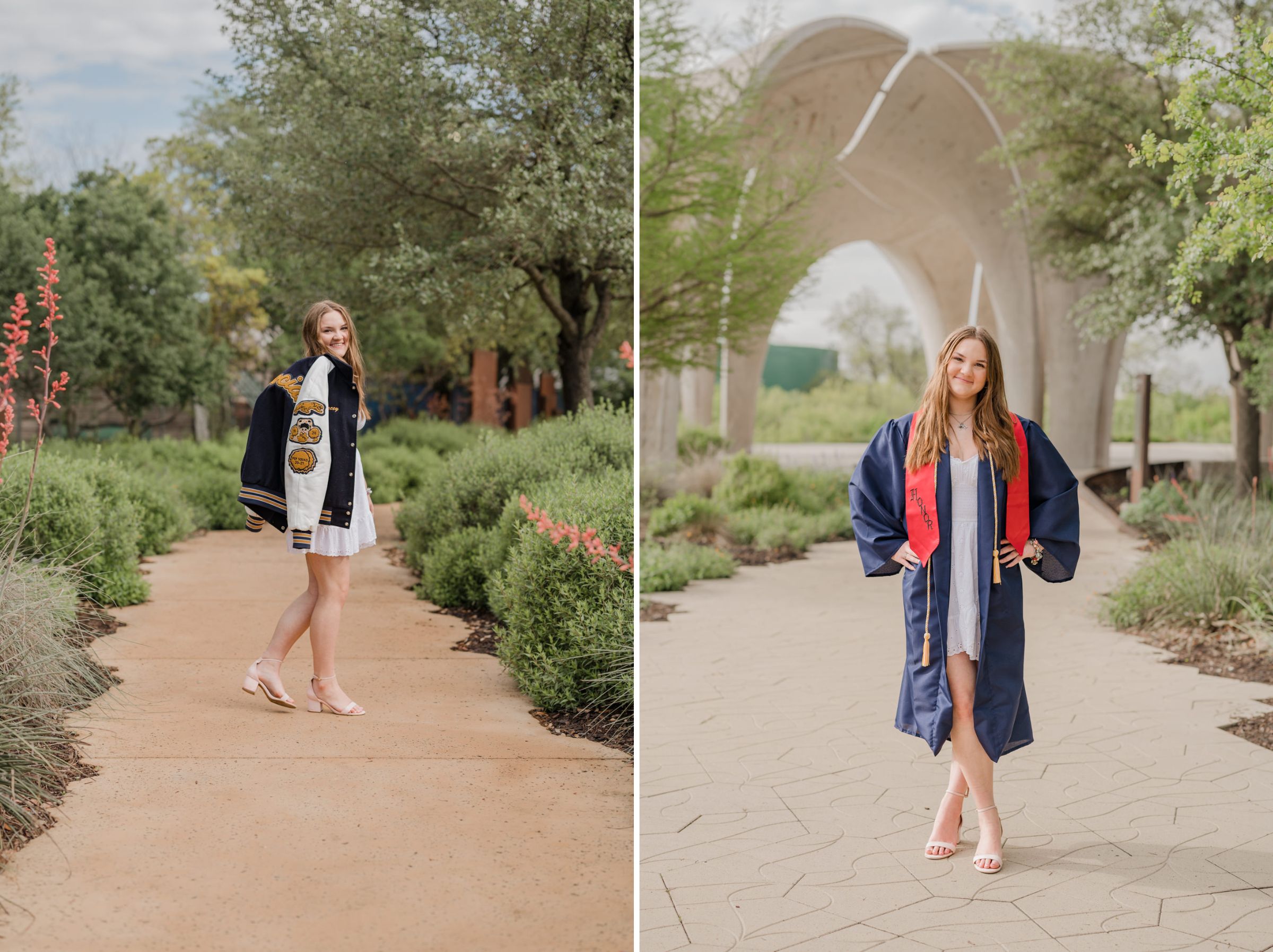 Side by side senior images of a girl at Confluence Park at San Antonio. She carries her letter jacket over her shoulder in one and wears her graduation gown in the other. 