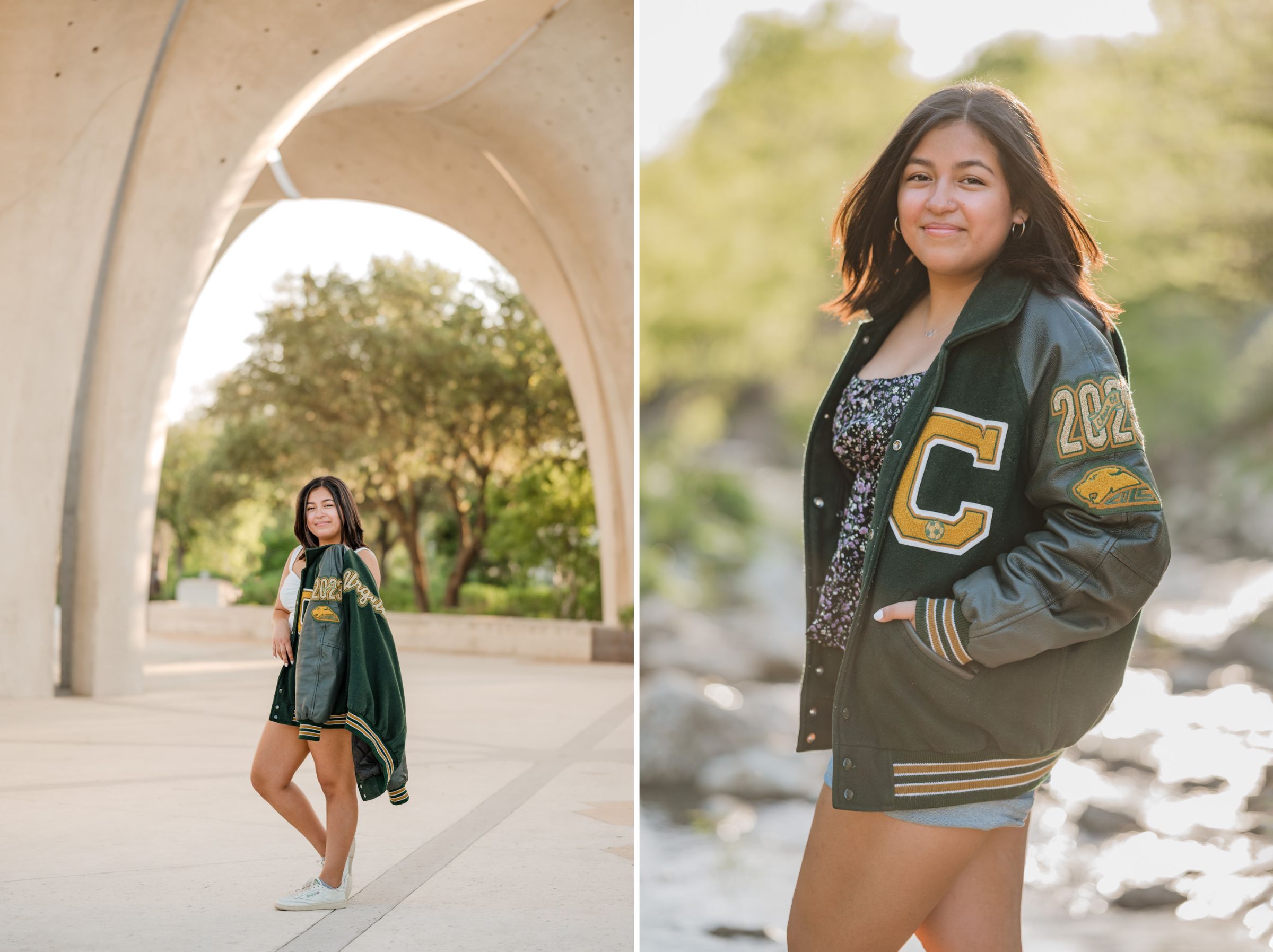 Side by side images of a girl's senior pictures at Confluence Park in San Antonio. She wears her letter jacket. 