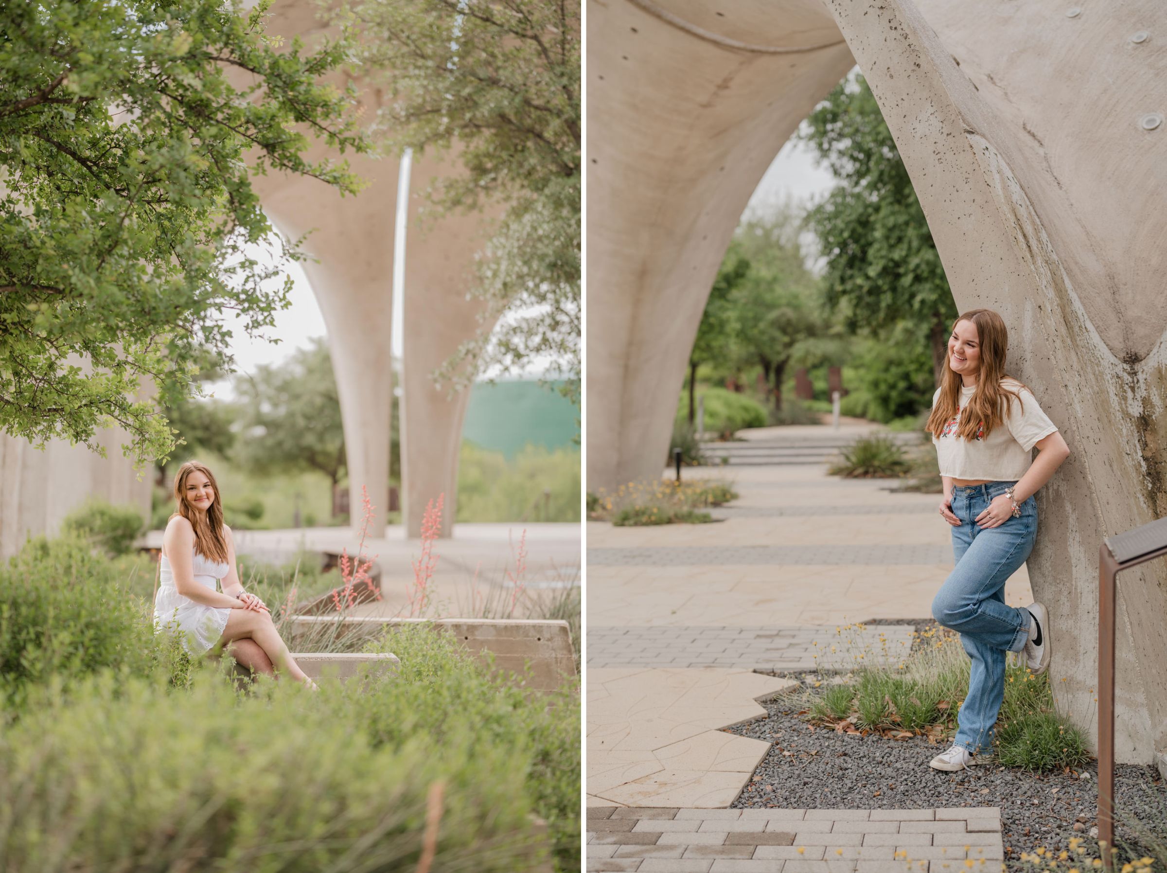 Side-by-side images of a girl at Confluence Park. The petals are in the background of both images.
