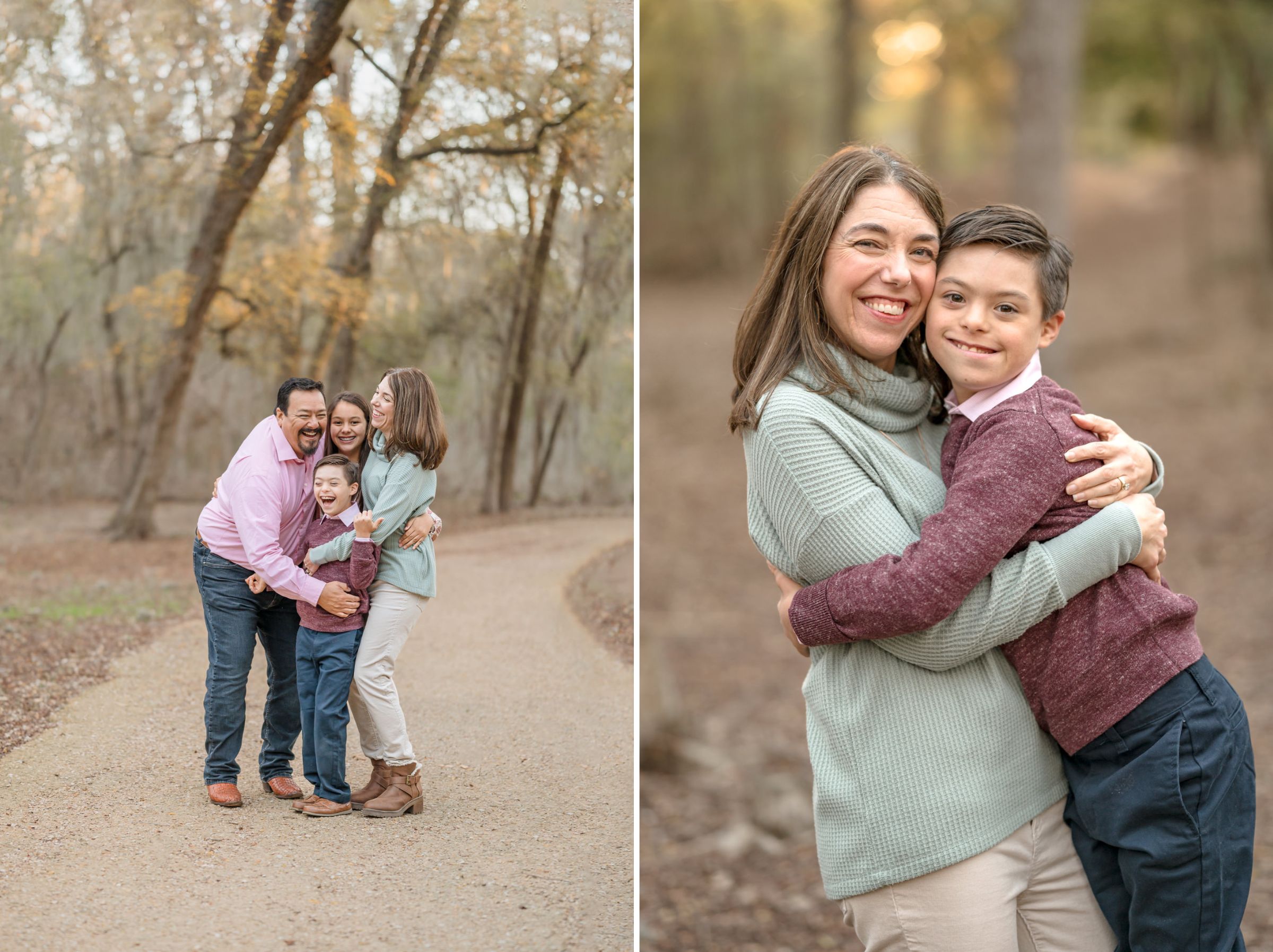 Side-by-side photos of a family hugging and laughing during family pictures with San Antonio special needs inclusive photographer Cassey Golden.